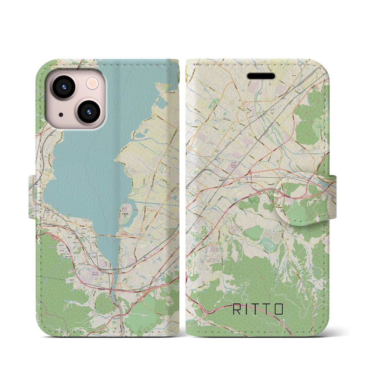 【栗東】地図柄iPhoneケース（手帳両面タイプ・ナチュラル）iPhone 13 mini 用