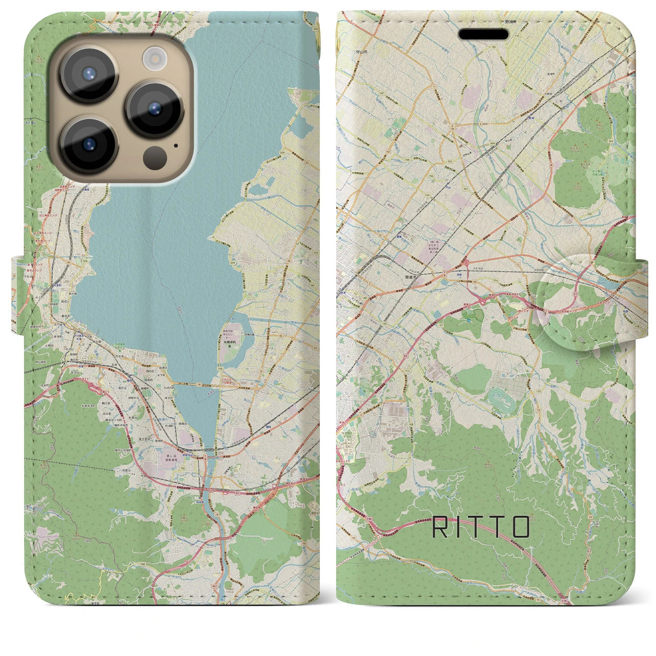 【栗東】地図柄iPhoneケース（手帳両面タイプ・ナチュラル）iPhone 14 Pro Max 用