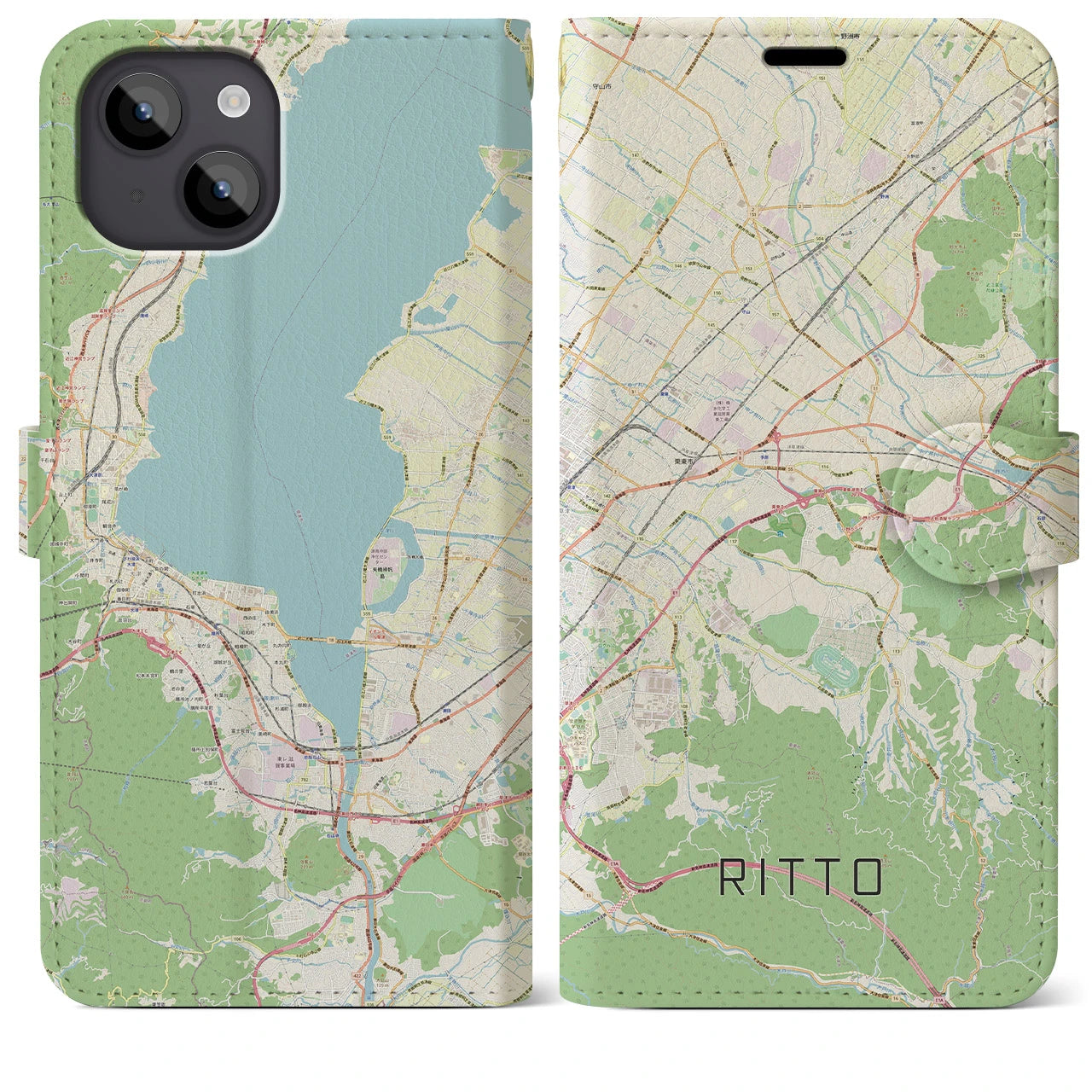 【栗東】地図柄iPhoneケース（手帳両面タイプ・ナチュラル）iPhone 14 Plus 用