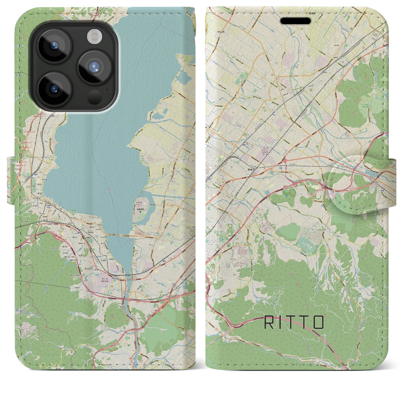 【栗東】地図柄iPhoneケース（手帳両面タイプ・ナチュラル）iPhone 15 Pro Max 用