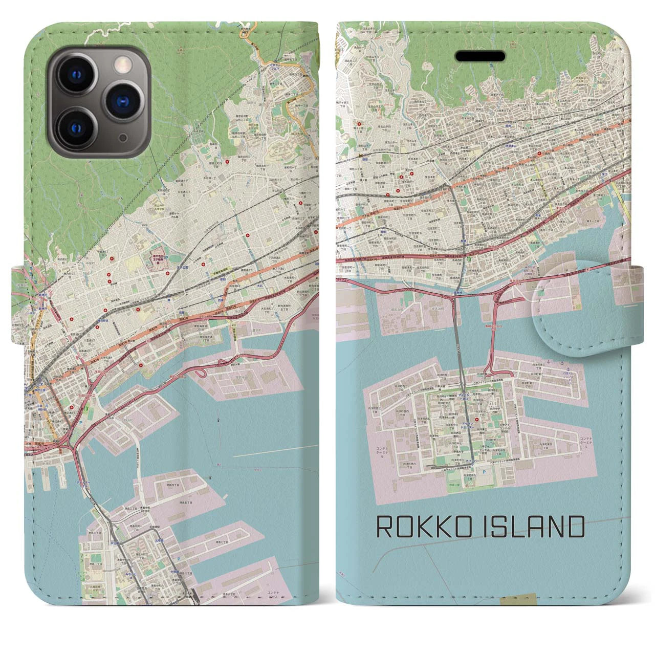 【六甲アイランド】地図柄iPhoneケース（手帳両面タイプ・ナチュラル）iPhone 11 Pro Max 用