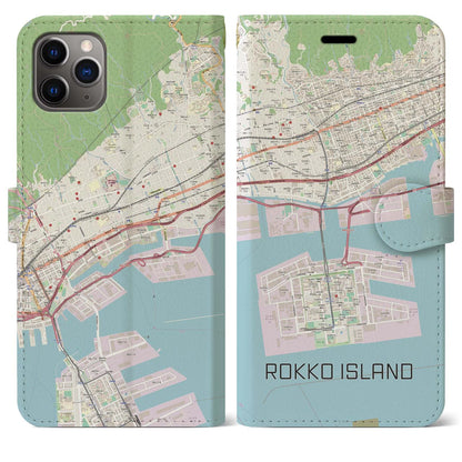 【六甲アイランド（兵庫県）】地図柄iPhoneケース（手帳タイプ）ナチュラル・iPhone 11 Pro Max 用
