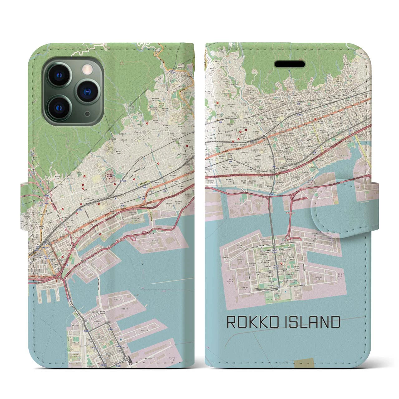 【六甲アイランド】地図柄iPhoneケース（手帳両面タイプ・ナチュラル）iPhone 11 Pro 用