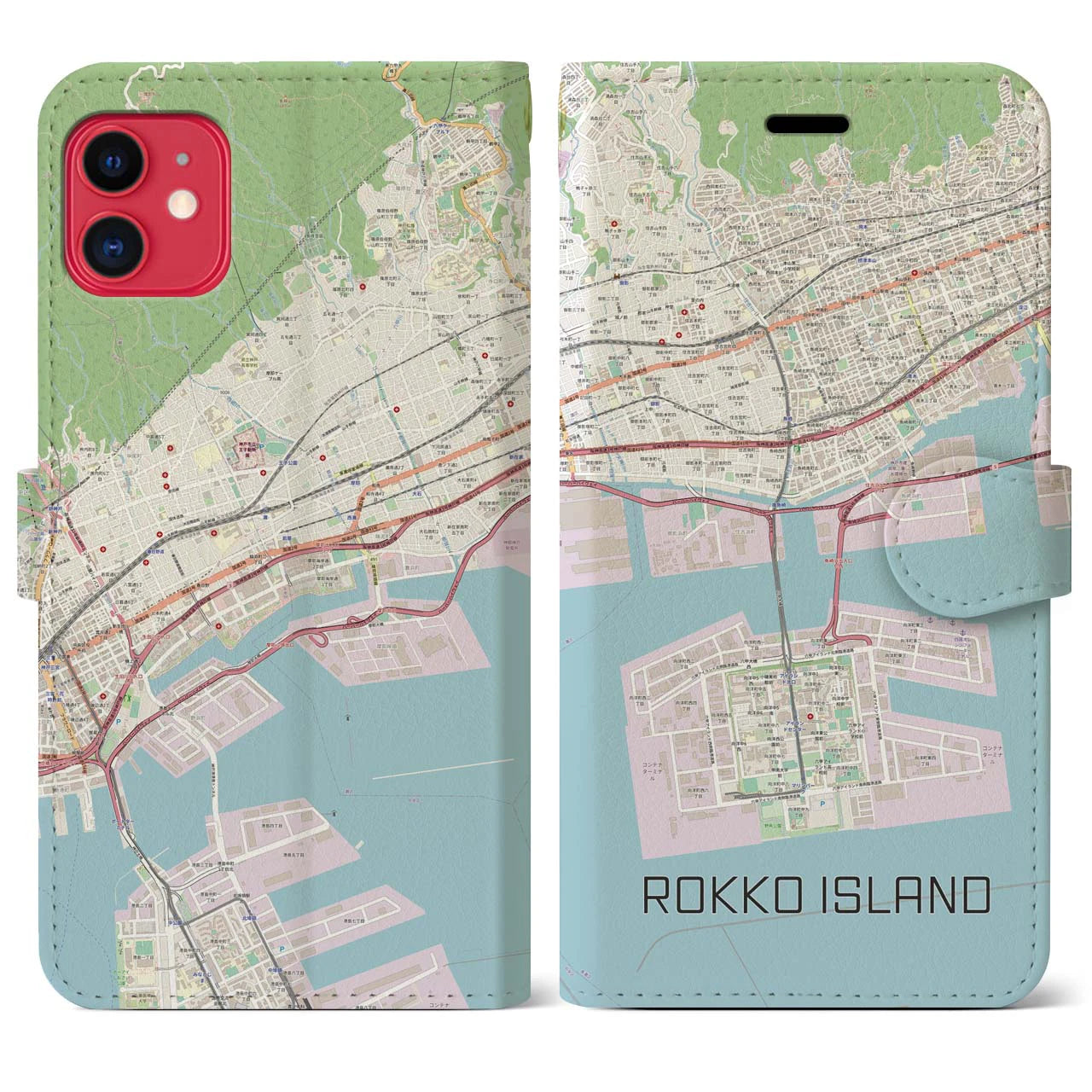 【六甲アイランド】地図柄iPhoneケース（手帳両面タイプ・ナチュラル）iPhone 11 用