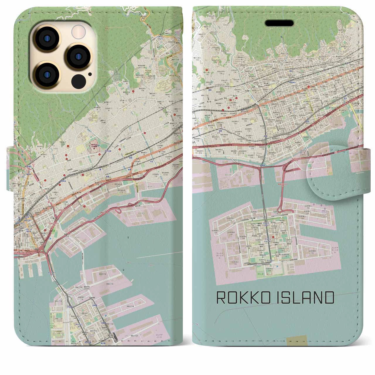 【六甲アイランド】地図柄iPhoneケース（手帳両面タイプ・ナチュラル）iPhone 12 Pro Max 用