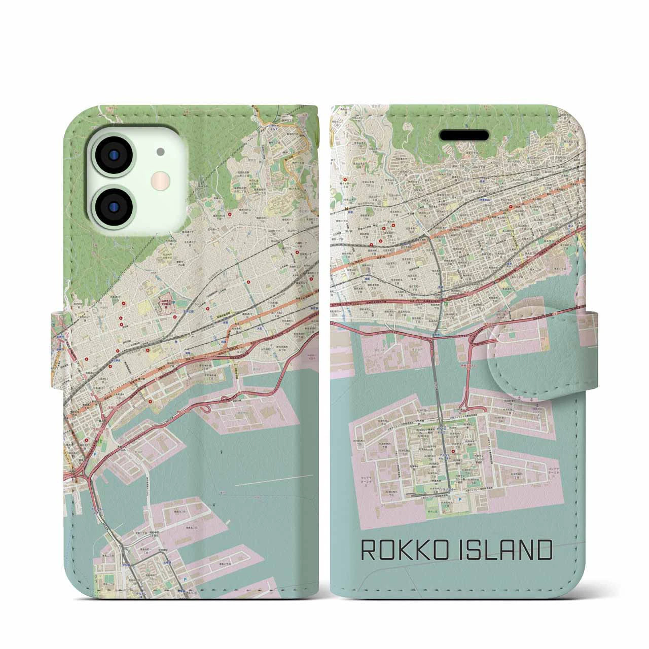 【六甲アイランド】地図柄iPhoneケース（手帳両面タイプ・ナチュラル）iPhone 12 mini 用