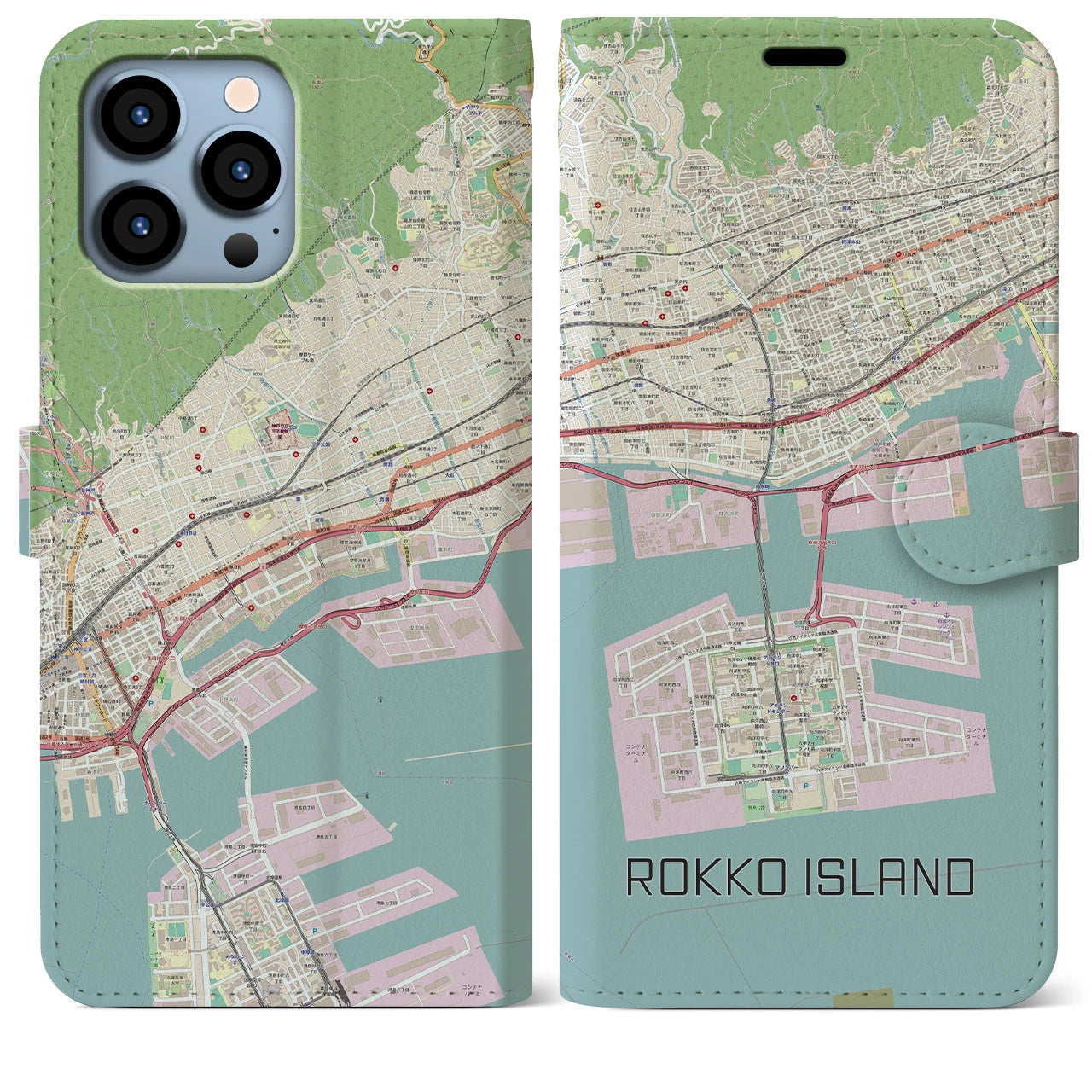 【六甲アイランド】地図柄iPhoneケース（手帳両面タイプ・ナチュラル）iPhone 13 Pro Max 用