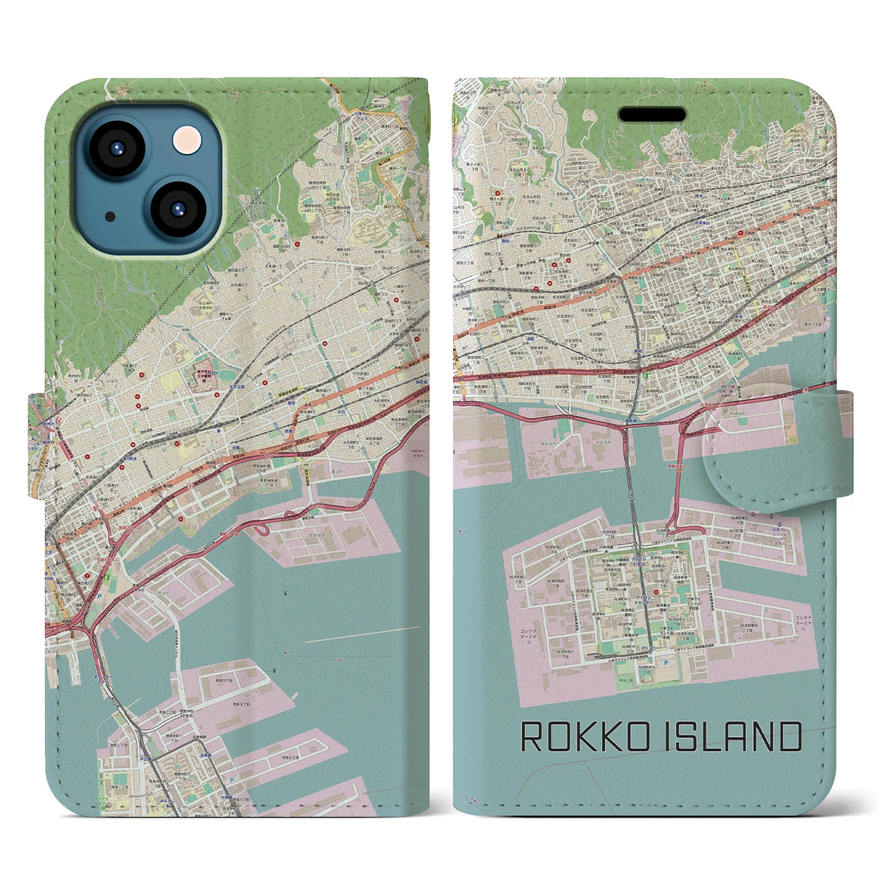 【六甲アイランド】地図柄iPhoneケース（手帳両面タイプ・ナチュラル）iPhone 13 用