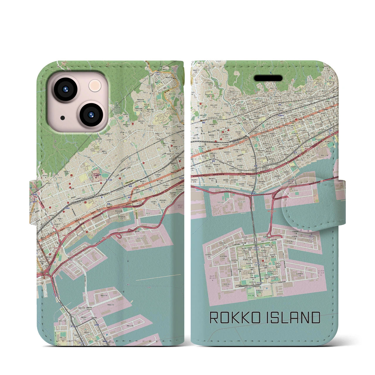 【六甲アイランド】地図柄iPhoneケース（手帳両面タイプ・ナチュラル）iPhone 13 mini 用