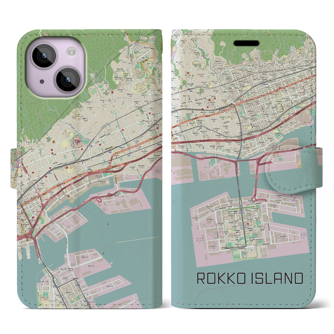 【六甲アイランド】地図柄iPhoneケース（手帳両面タイプ・ナチュラル）iPhone 14 用