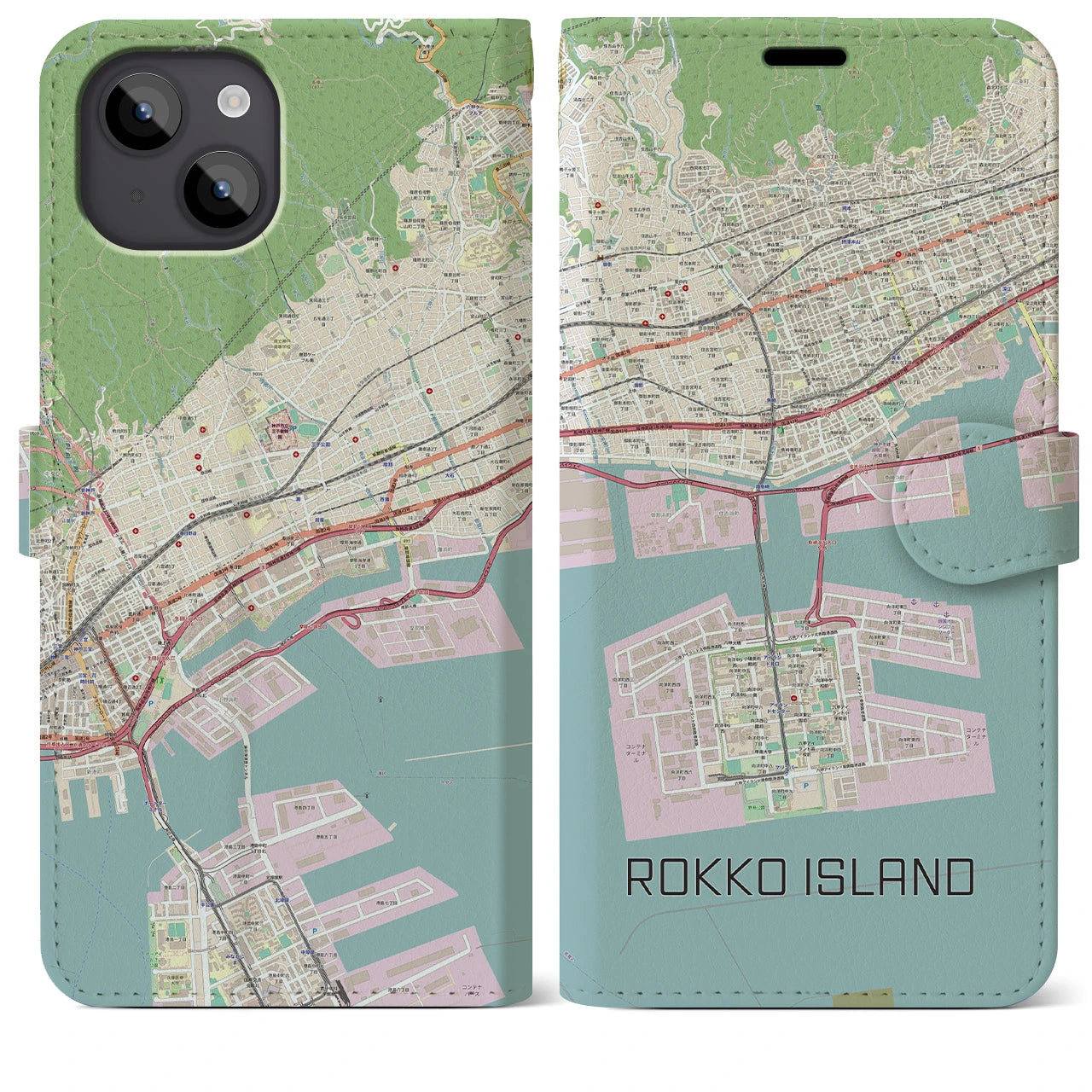 【六甲アイランド】地図柄iPhoneケース（手帳両面タイプ・ナチュラル）iPhone 14 Plus 用