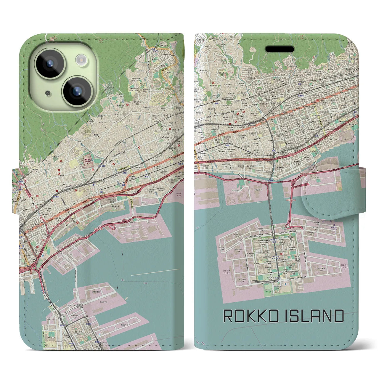 【六甲アイランド】地図柄iPhoneケース（手帳両面タイプ・ナチュラル）iPhone 15 用