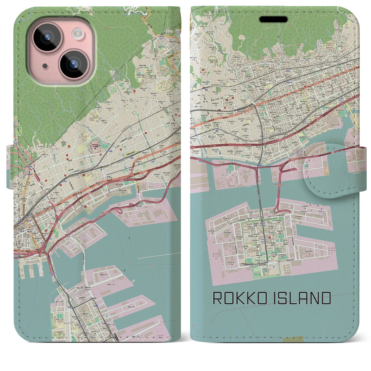 【六甲アイランド】地図柄iPhoneケース（手帳両面タイプ・ナチュラル）iPhone 15 Plus 用