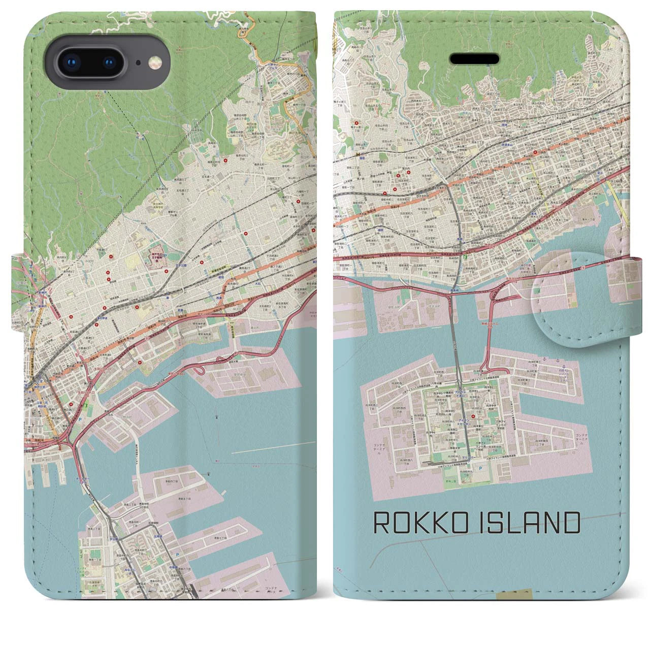 【六甲アイランド】地図柄iPhoneケース（手帳両面タイプ・ナチュラル）iPhone 8Plus /7Plus / 6sPlus / 6Plus 用