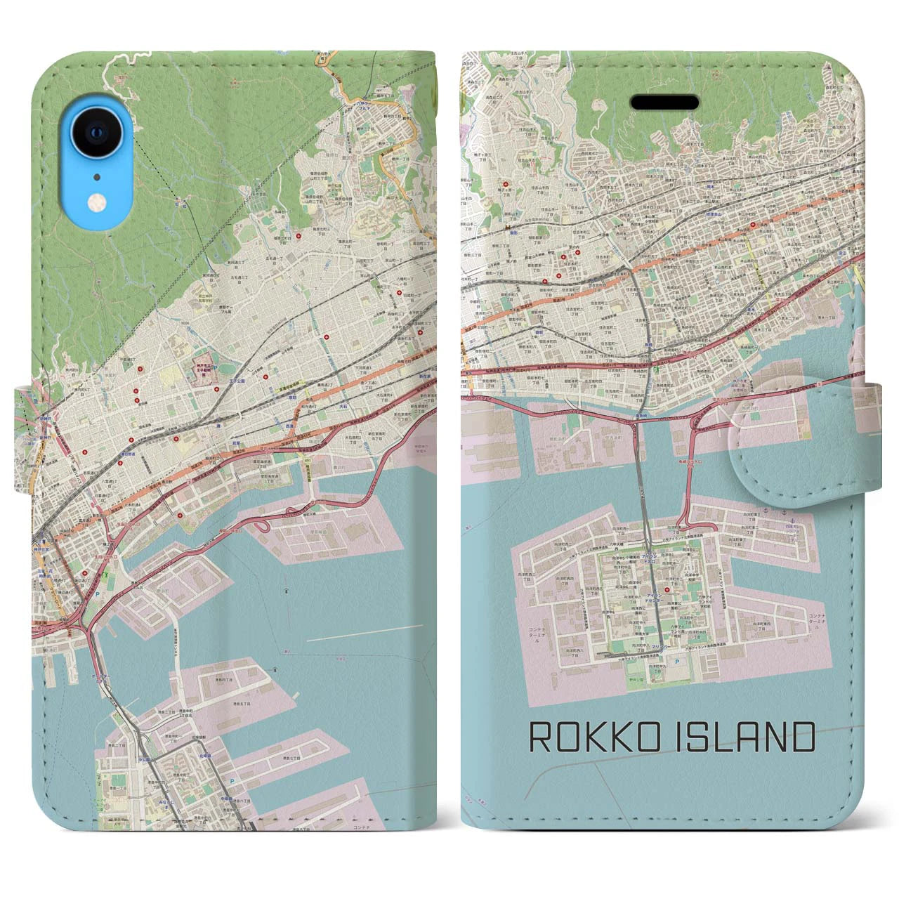 【六甲アイランド】地図柄iPhoneケース（手帳両面タイプ・ナチュラル）iPhone XR 用