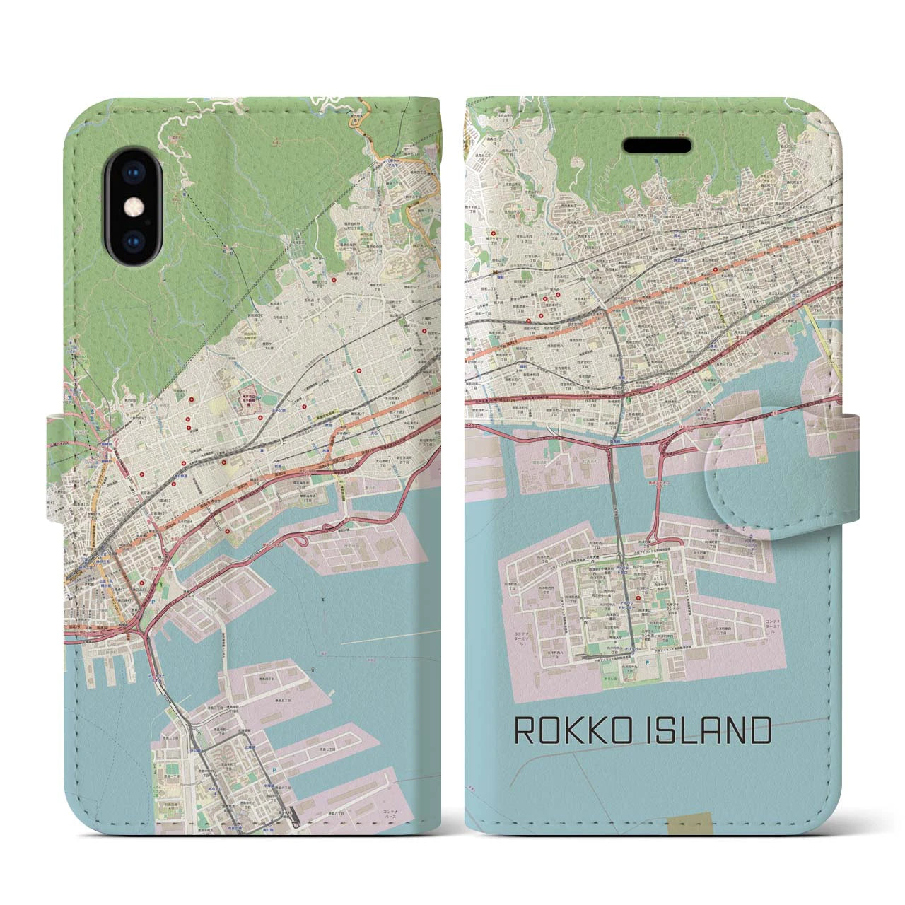 【六甲アイランド】地図柄iPhoneケース（手帳両面タイプ・ナチュラル）iPhone XS / X 用