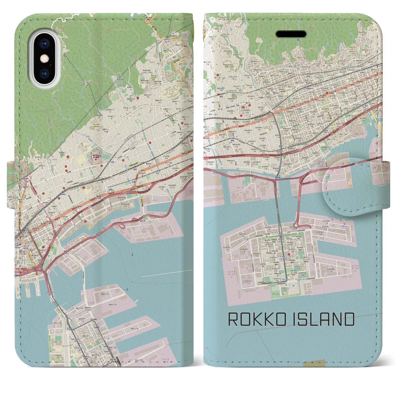 【六甲アイランド】地図柄iPhoneケース（手帳両面タイプ・ナチュラル）iPhone XS Max 用