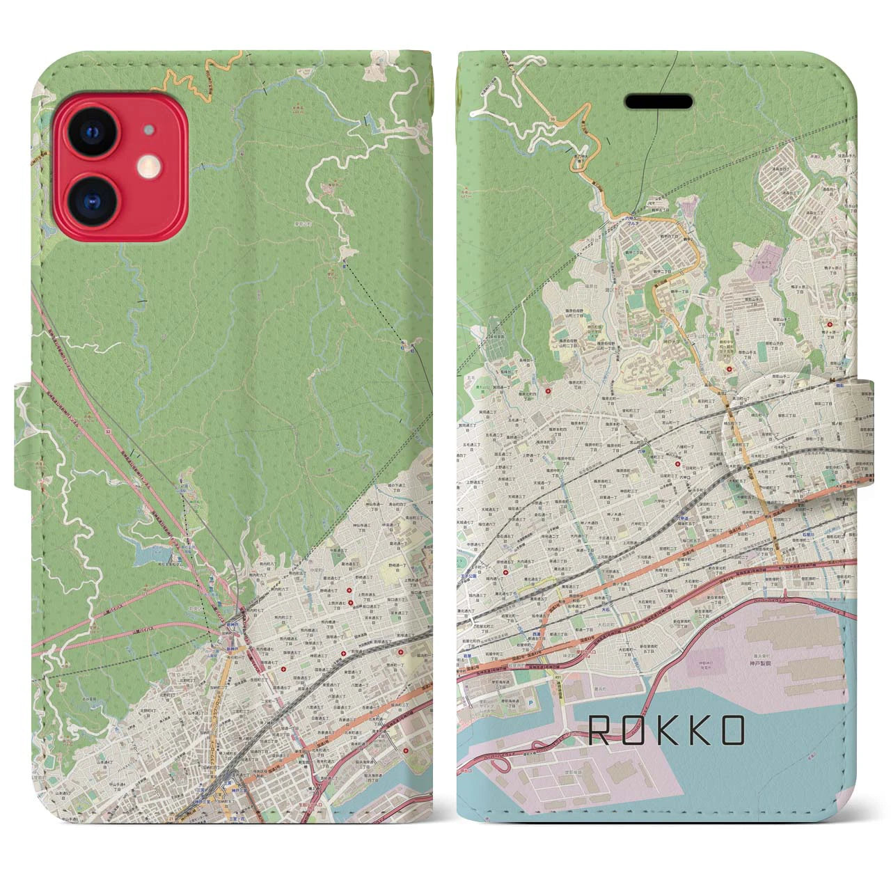 【六甲】地図柄iPhoneケース（手帳両面タイプ・ナチュラル）iPhone 11 用
