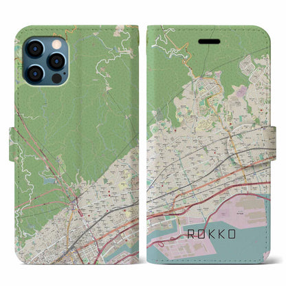 【六甲（兵庫県）】地図柄iPhoneケース（手帳タイプ）ナチュラル・iPhone 12 / 12 Pro 用