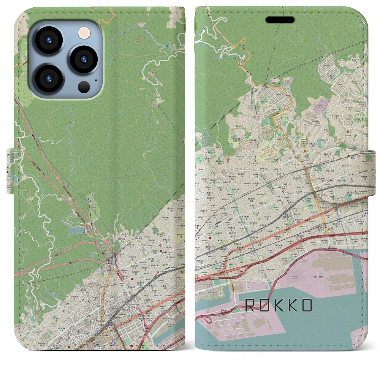 【六甲】地図柄iPhoneケース（手帳両面タイプ・ナチュラル）iPhone 13 Pro Max 用