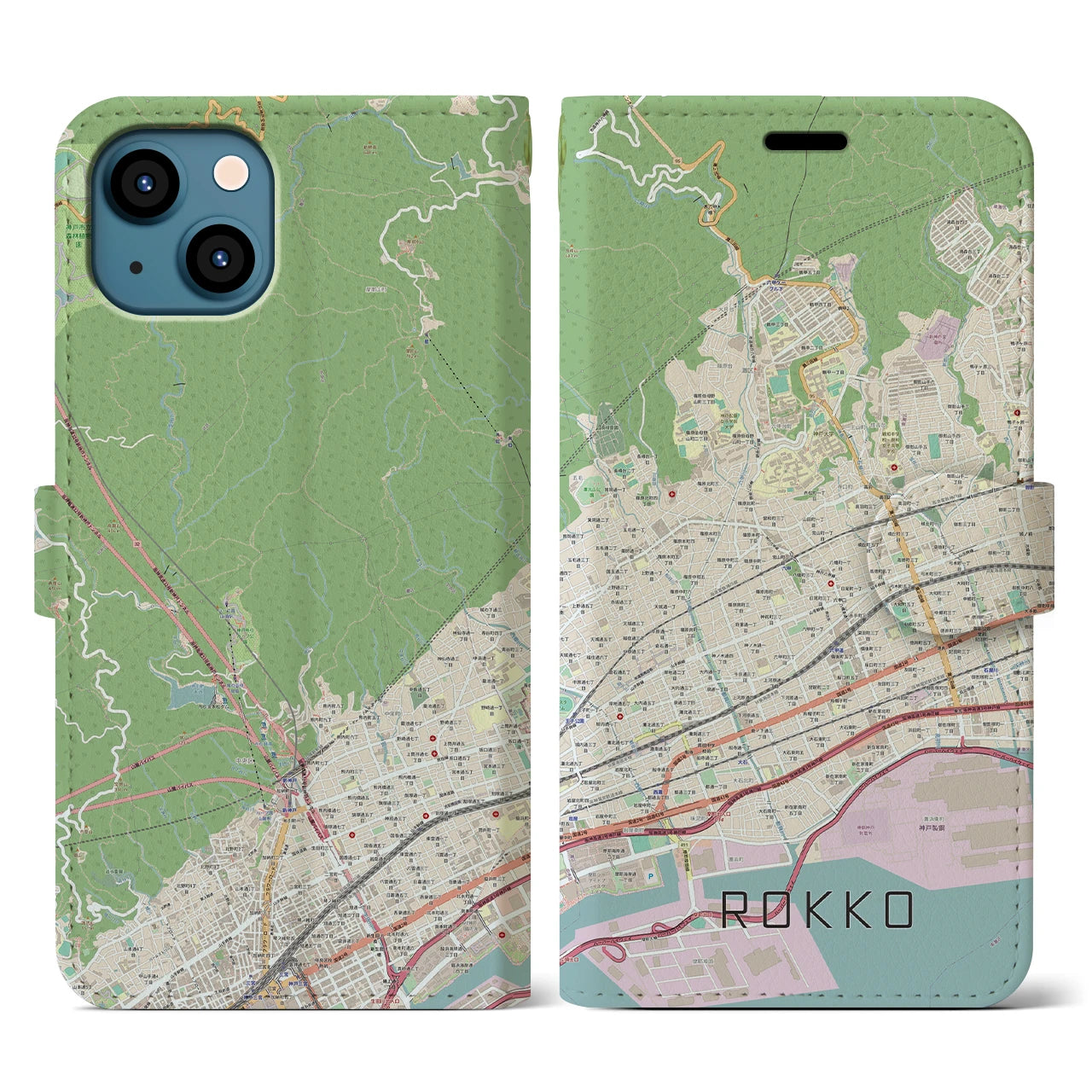 【六甲】地図柄iPhoneケース（手帳両面タイプ・ナチュラル）iPhone 13 用