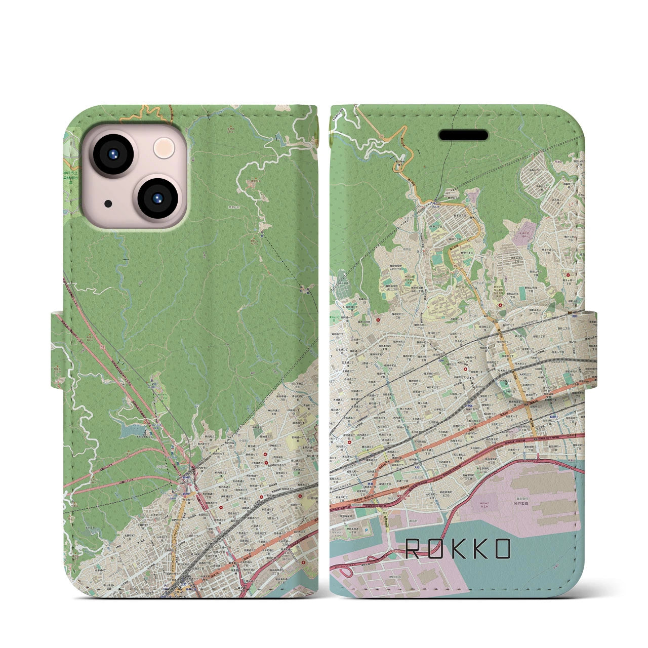 【六甲】地図柄iPhoneケース（手帳両面タイプ・ナチュラル）iPhone 13 mini 用