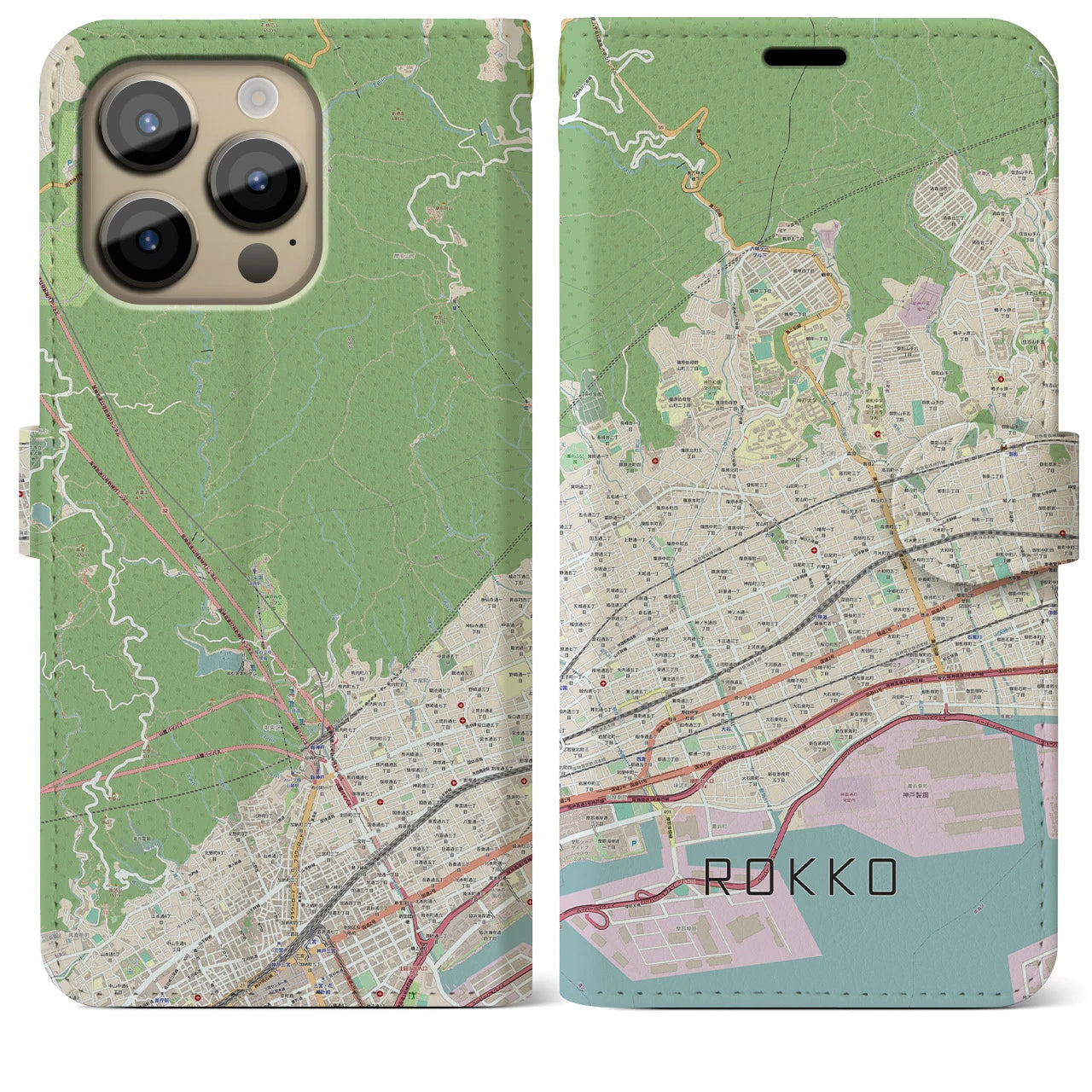 【六甲】地図柄iPhoneケース（手帳両面タイプ・ナチュラル）iPhone 14 Pro Max 用