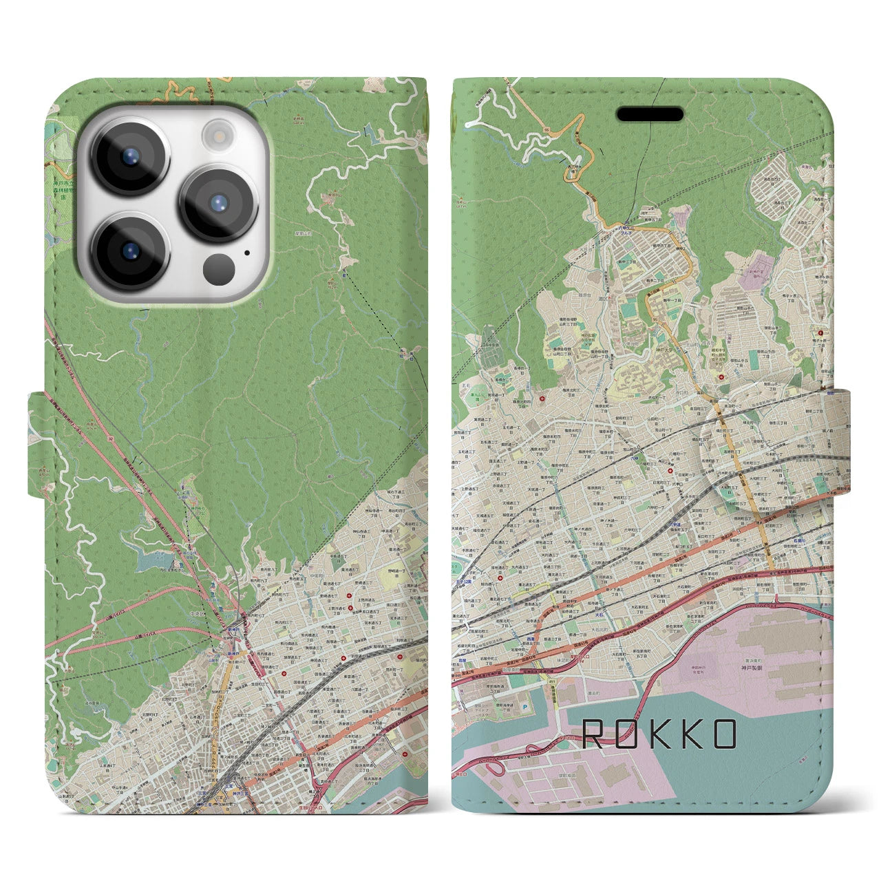 【六甲】地図柄iPhoneケース（手帳両面タイプ・ナチュラル）iPhone 14 Pro 用