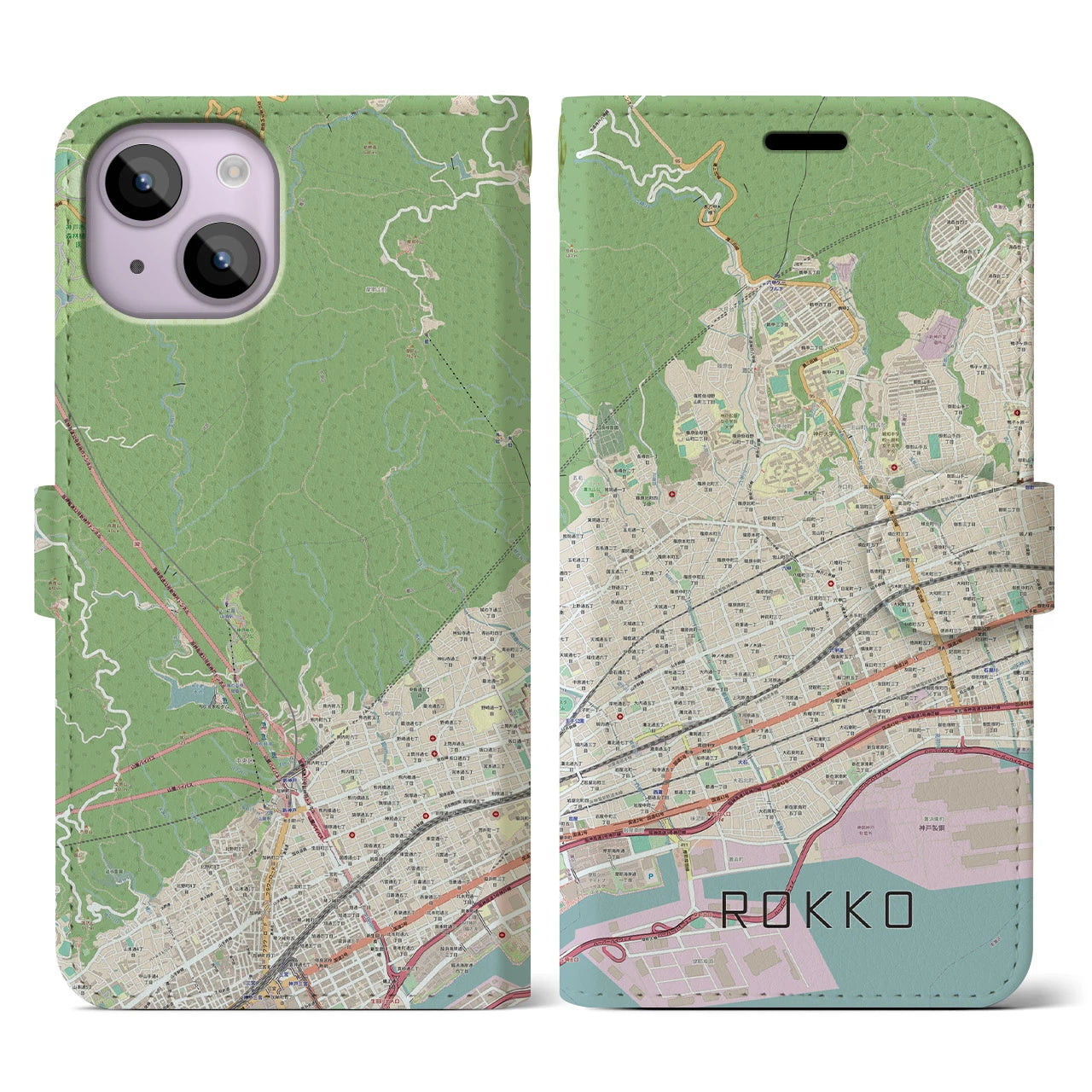 【六甲】地図柄iPhoneケース（手帳両面タイプ・ナチュラル）iPhone 14 用
