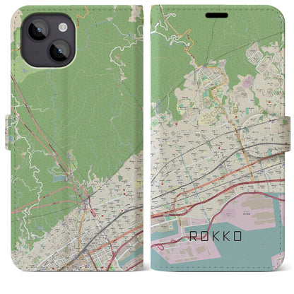 【六甲（兵庫県）】地図柄iPhoneケース（手帳タイプ）ナチュラル・iPhone 14 Plus 用