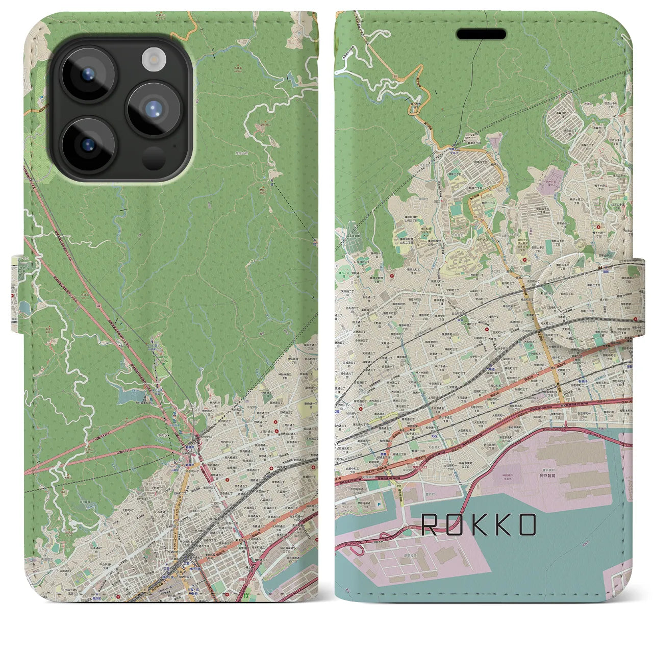 【六甲】地図柄iPhoneケース（手帳両面タイプ・ナチュラル）iPhone 15 Pro Max 用