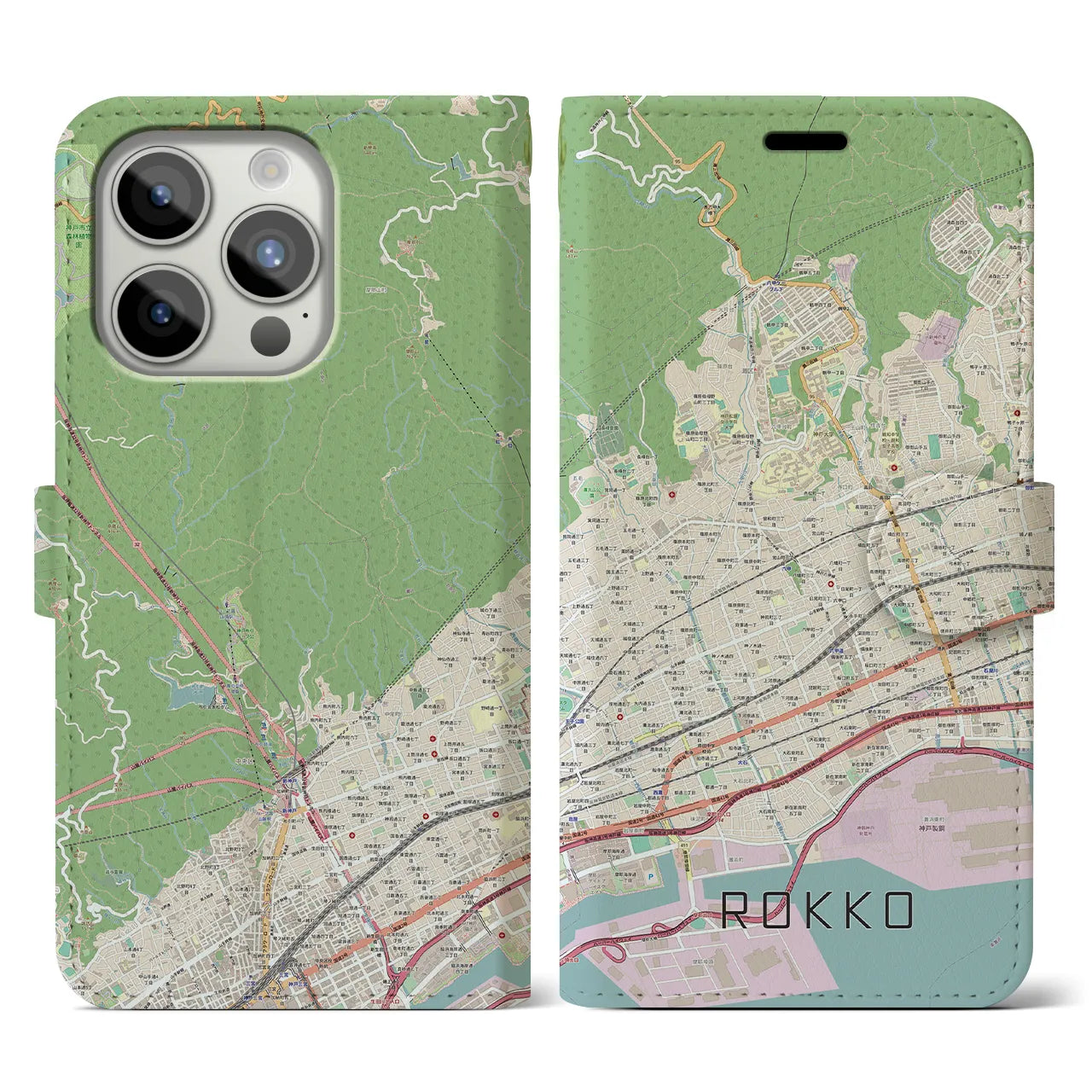 【六甲】地図柄iPhoneケース（手帳両面タイプ・ナチュラル）iPhone 15 Pro 用