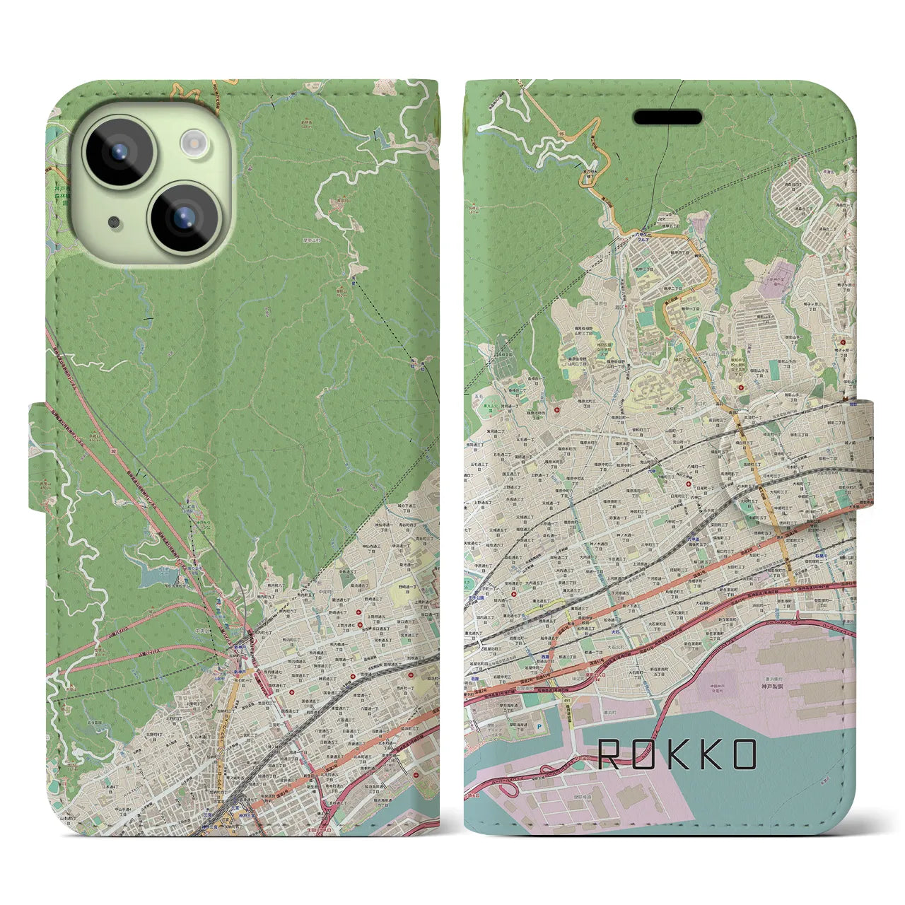 【六甲】地図柄iPhoneケース（手帳両面タイプ・ナチュラル）iPhone 15 用
