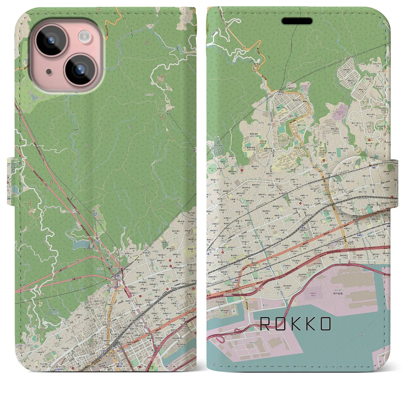 【六甲】地図柄iPhoneケース（手帳両面タイプ・ナチュラル）iPhone 15 Plus 用