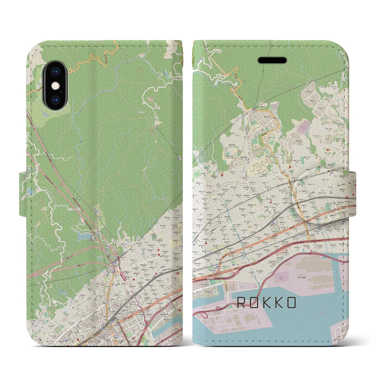 【六甲】地図柄iPhoneケース（手帳両面タイプ・ナチュラル）iPhone XS / X 用