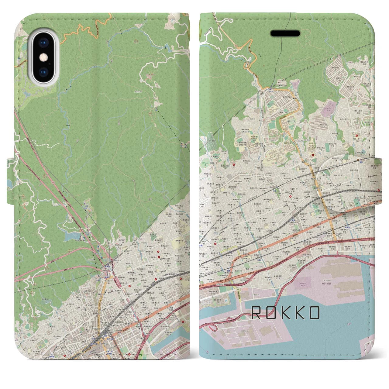 【六甲】地図柄iPhoneケース（手帳両面タイプ・ナチュラル）iPhone XS Max 用