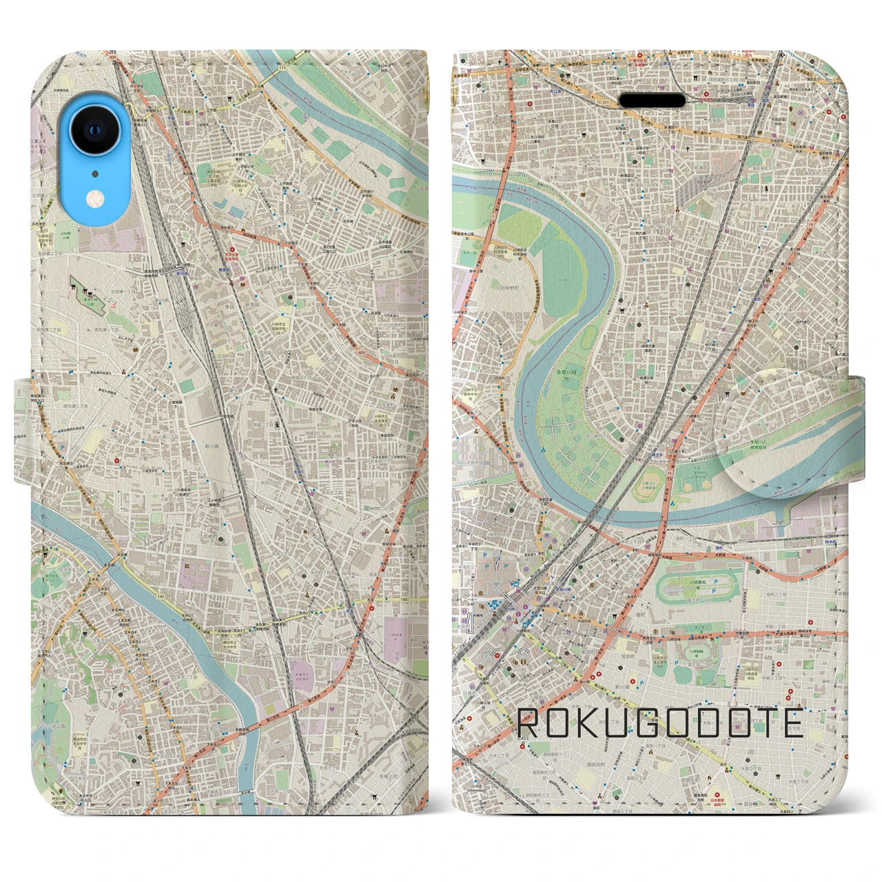 【六郷土手】地図柄iPhoneケース（手帳両面タイプ・ナチュラル）iPhone XR 用