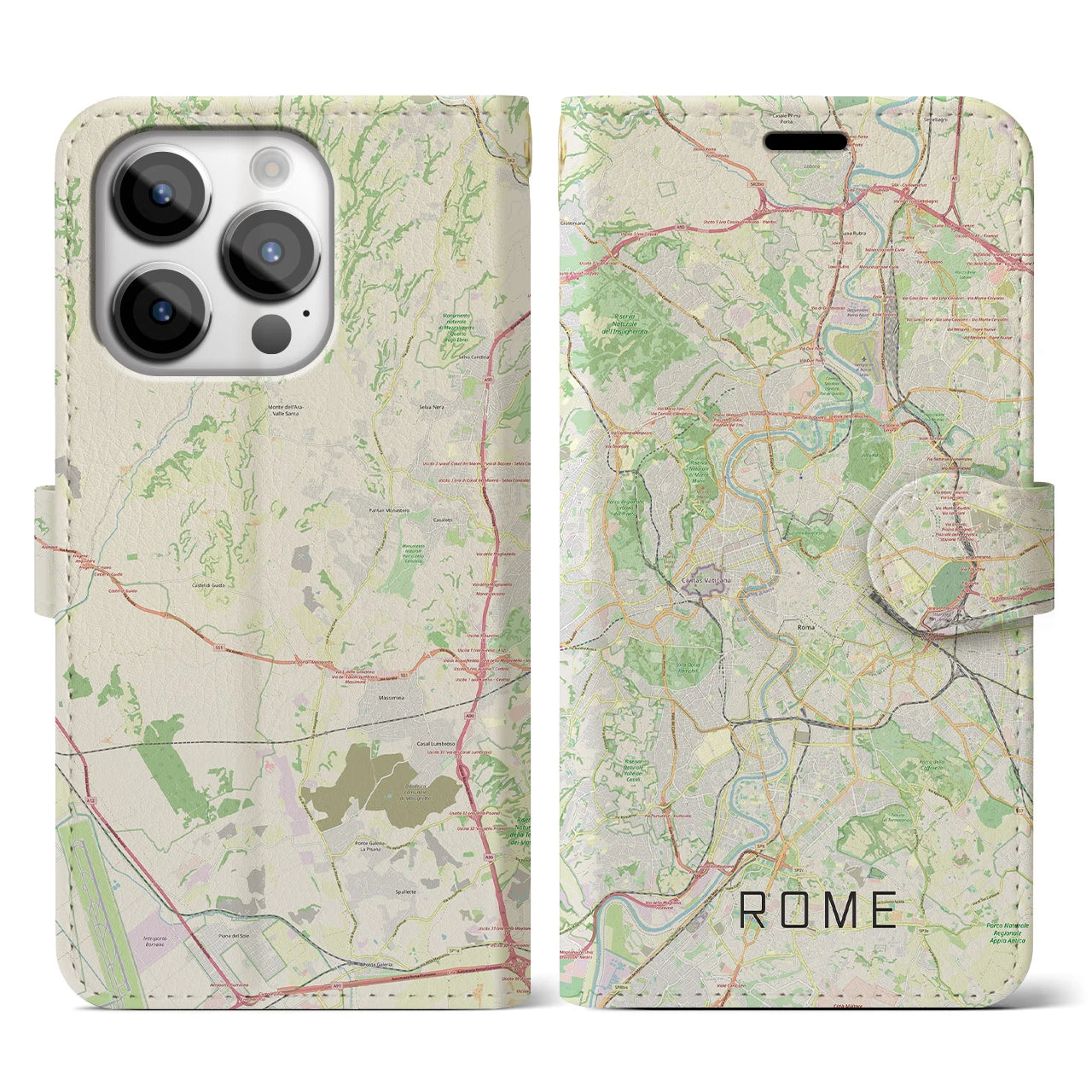 【ローマ】地図柄iPhoneケース（手帳両面タイプ・ナチュラル）iPhone 14 Pro 用