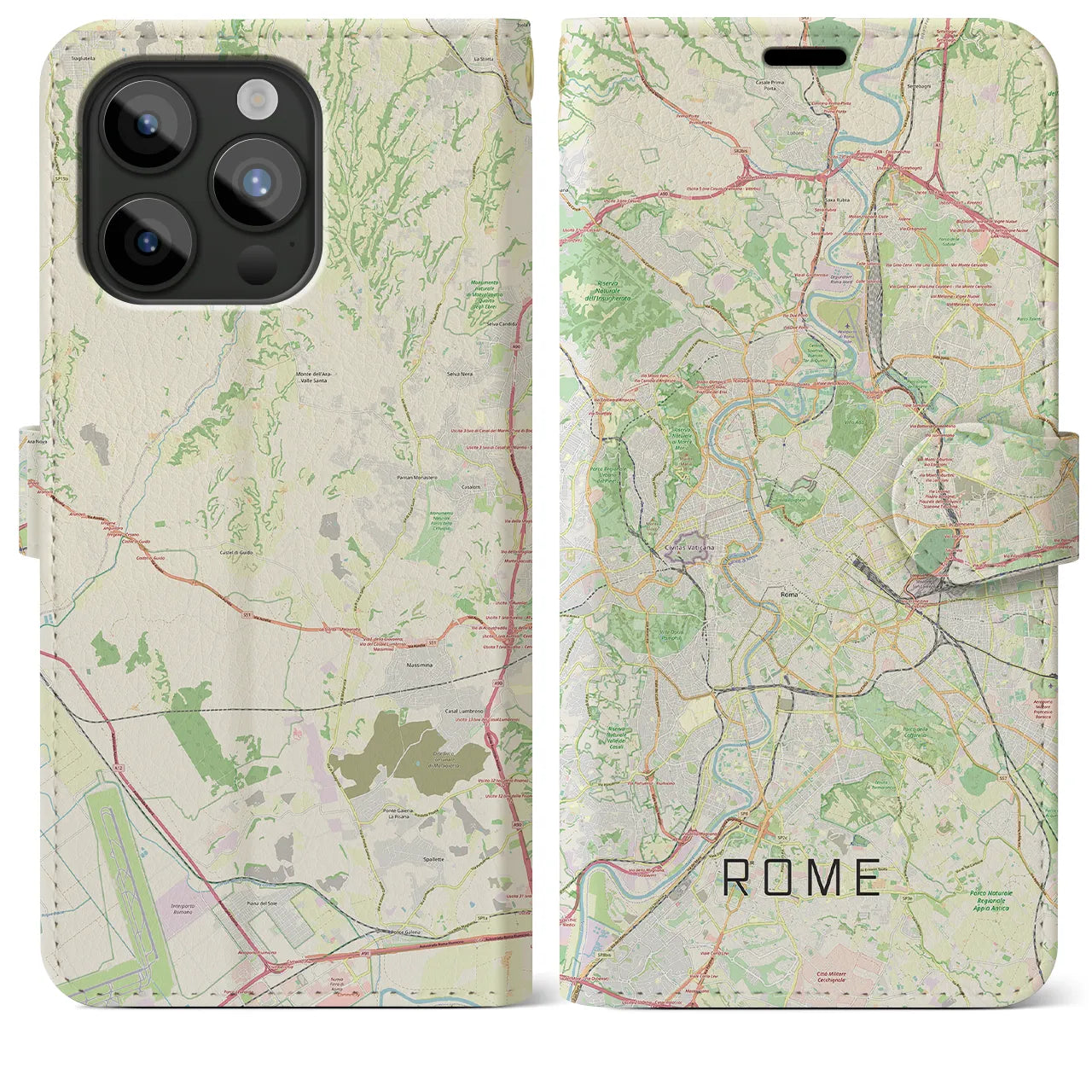 【ローマ】地図柄iPhoneケース（手帳両面タイプ・ナチュラル）iPhone 15 Pro Max 用