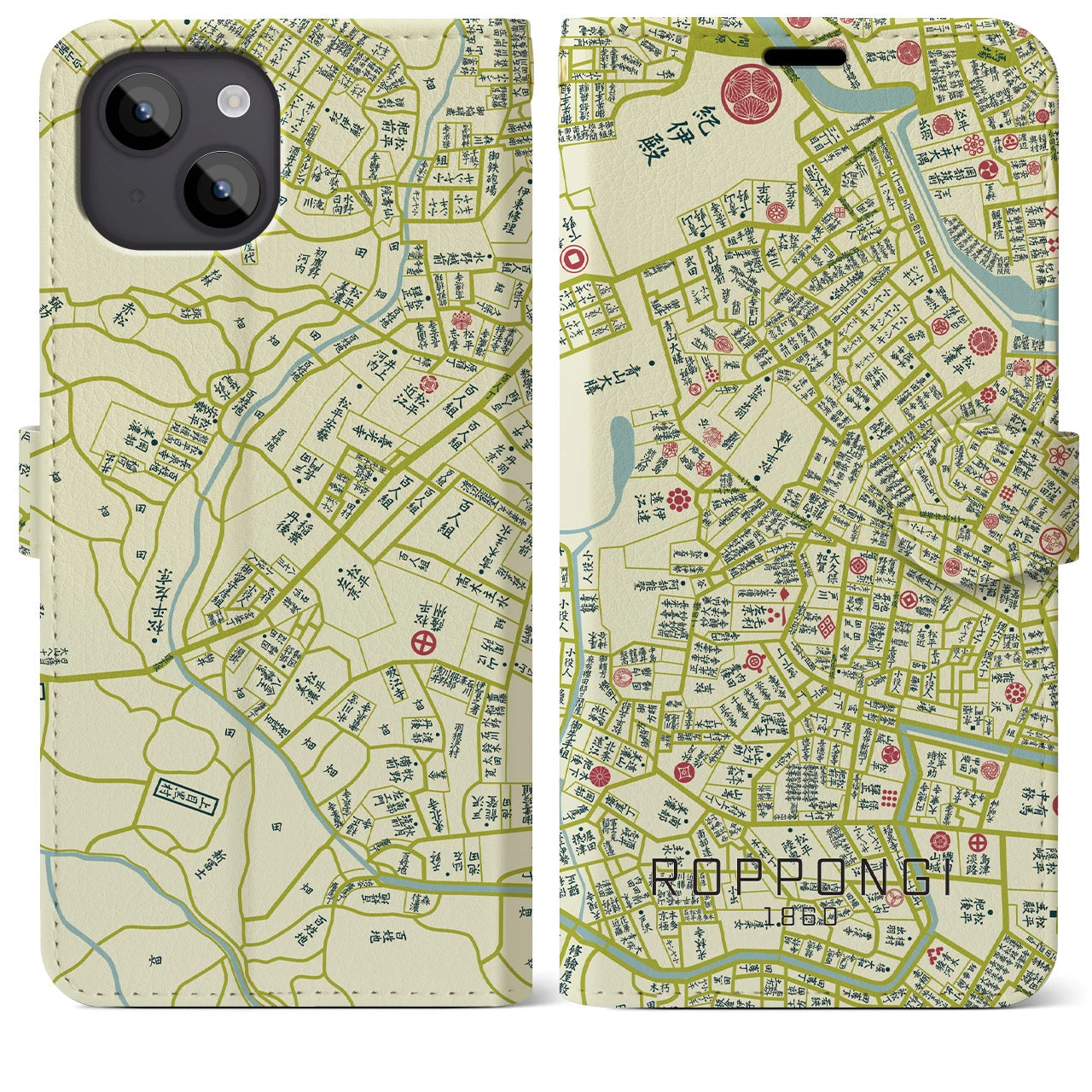 【六本木1860】地図柄iPhoneケース（手帳両面タイプ・ナチュラル）iPhone 14 Plus 用