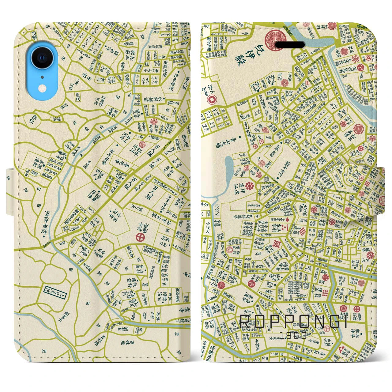 【六本木1860】地図柄iPhoneケース（手帳両面タイプ・ナチュラル）iPhone XR 用