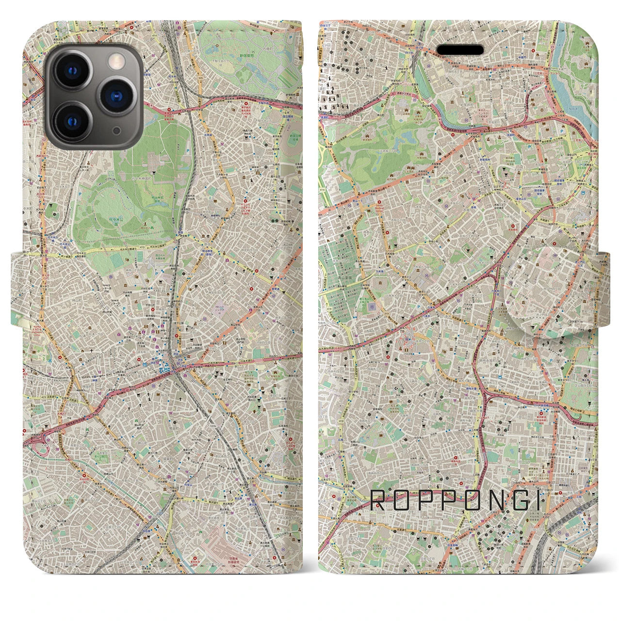 【六本木】地図柄iPhoneケース（手帳両面タイプ・ナチュラル）iPhone 11 Pro Max 用