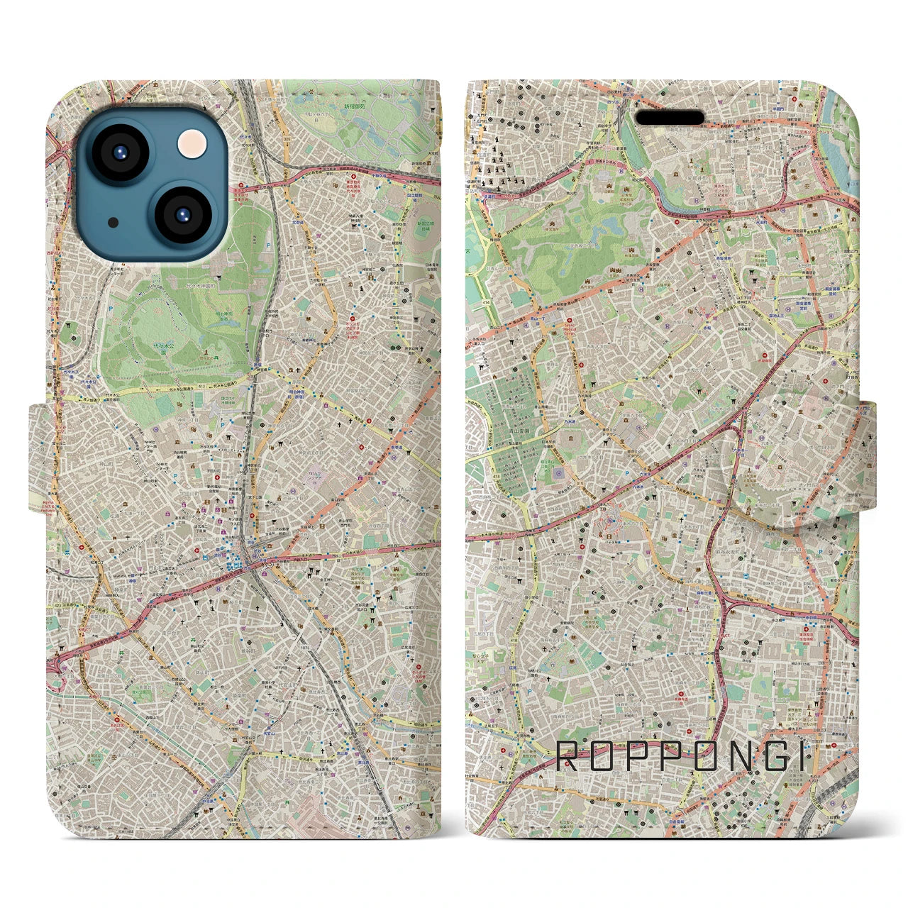 【六本木】地図柄iPhoneケース（手帳両面タイプ・ナチュラル）iPhone 13 用