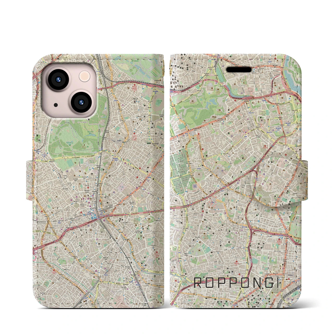 【六本木】地図柄iPhoneケース（手帳両面タイプ・ナチュラル）iPhone 13 mini 用