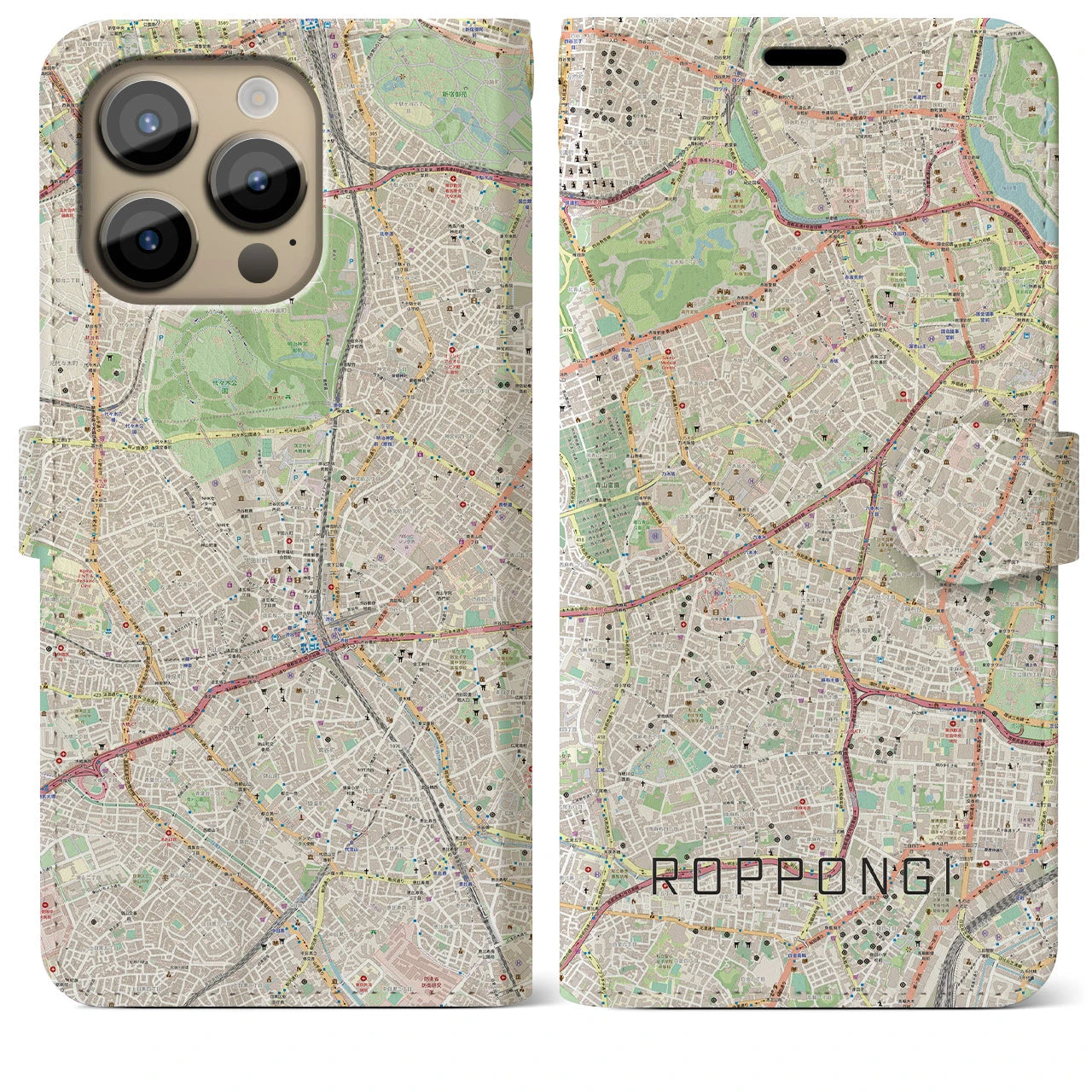 【六本木】地図柄iPhoneケース（手帳両面タイプ・ナチュラル）iPhone 14 Pro Max 用