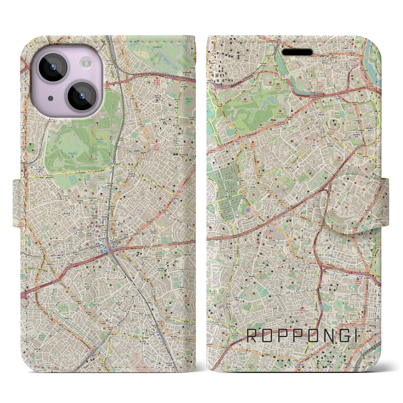 【六本木】地図柄iPhoneケース（手帳両面タイプ・ナチュラル）iPhone 14 用