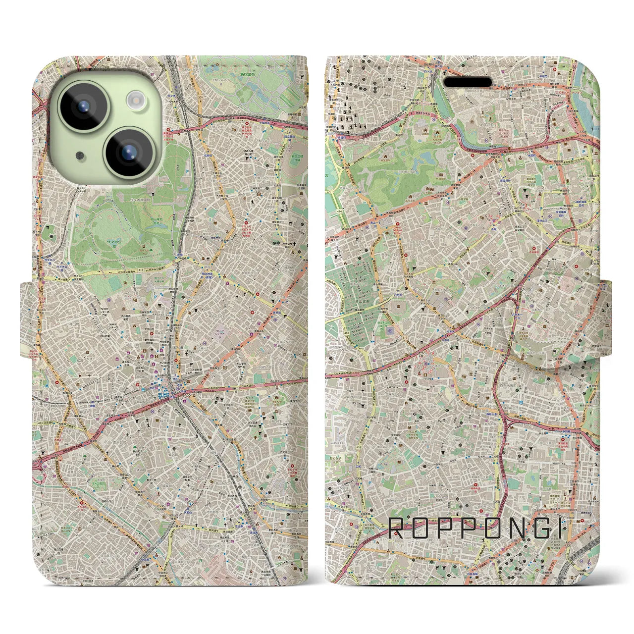 【六本木】地図柄iPhoneケース（手帳両面タイプ・ナチュラル）iPhone 15 用