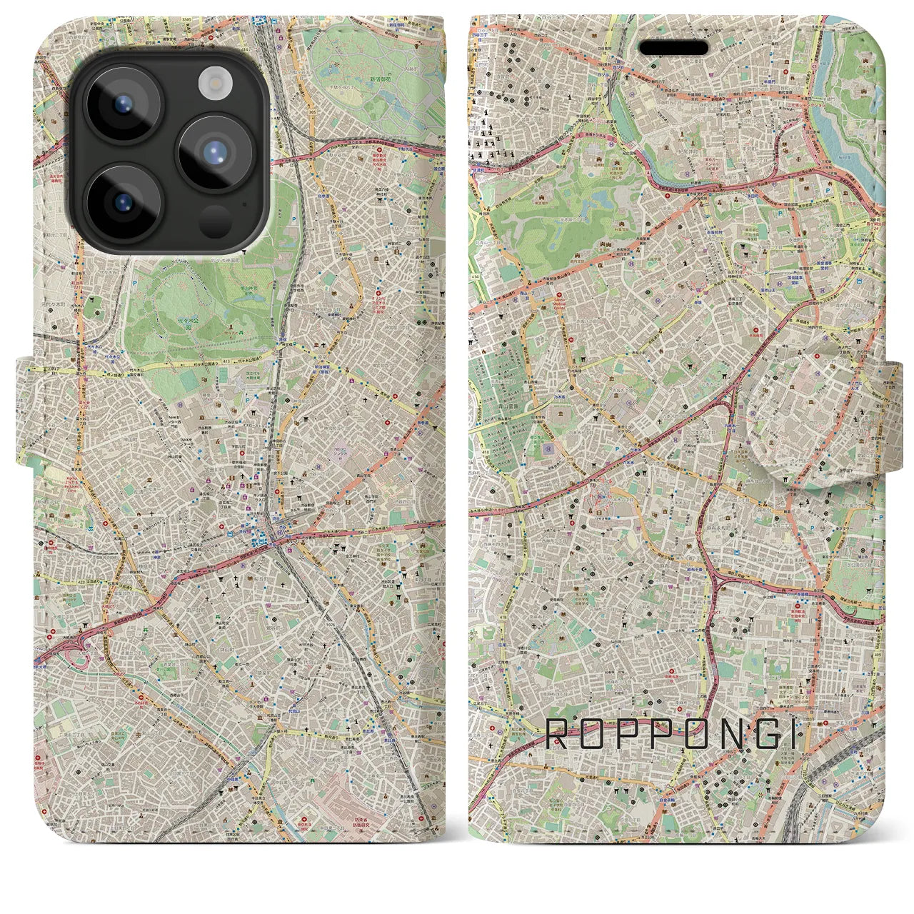 【六本木】地図柄iPhoneケース（手帳両面タイプ・ナチュラル）iPhone 15 Pro Max 用