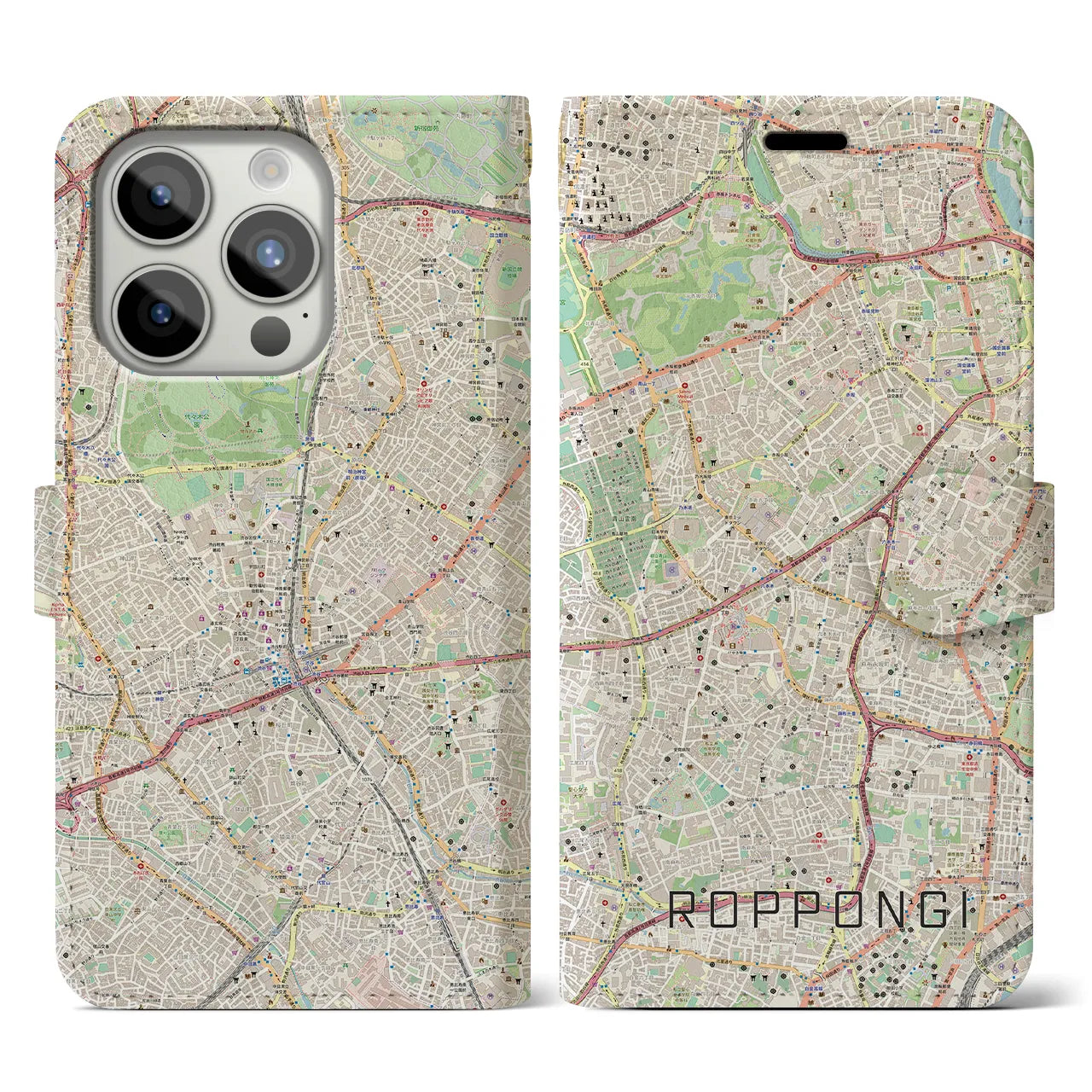【六本木】地図柄iPhoneケース（手帳両面タイプ・ナチュラル）iPhone 15 Pro 用