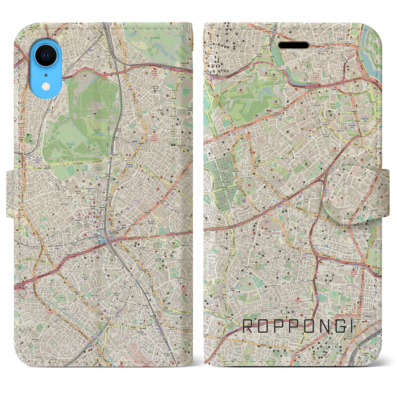 【六本木】地図柄iPhoneケース（手帳両面タイプ・ナチュラル）iPhone XR 用